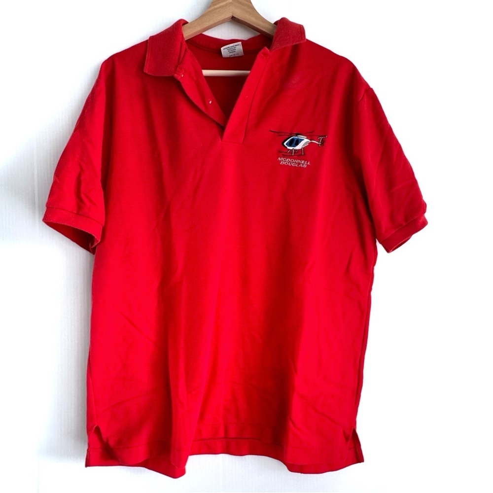 Vintage McDonnell Douglas Helicopter Red Polo Shirt size XL